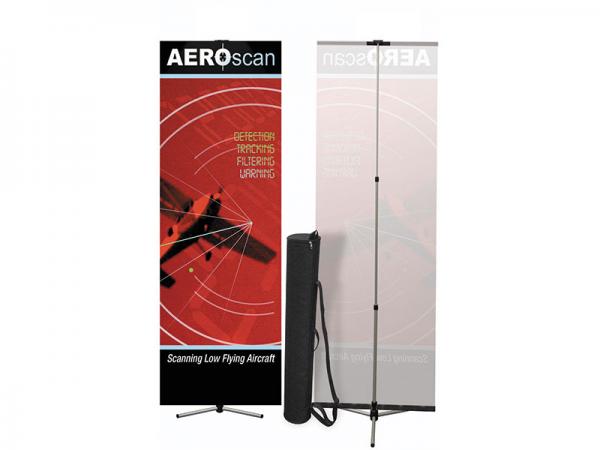 Summit Telescopic Banner Stand - Silver - Shown Front and Back with Black Carry Case