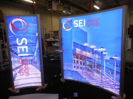 (2) Custom SEGUE Lightboxes with Shelves and Tension Fabric Graphics and (1) Monitor Stand with Backlit Graphics -- Image 1