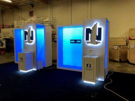 Re-configurable Custom Exhibit with LED Lightboxes, Monitor Mounts, Cabinet Storage, MOD-1329 iPad Swivel Mounts, and Fabric and Vinyl Graphics